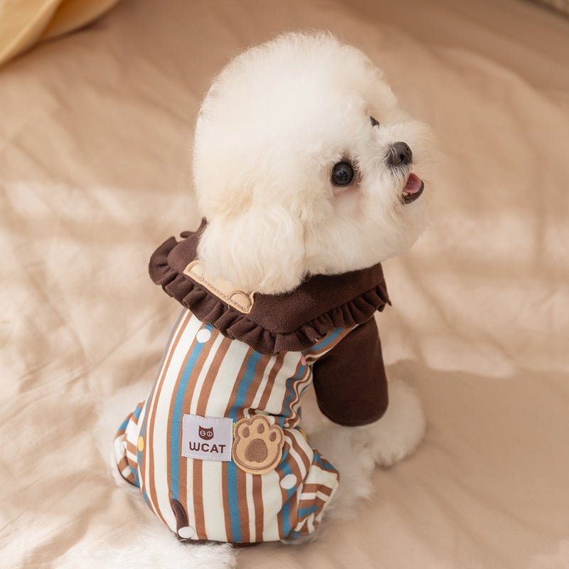 Cute Bear Patch Striped Pet Onesie, Ruffled Collar Dog Jumpsuit With Paw Print Detail For Small Dogs